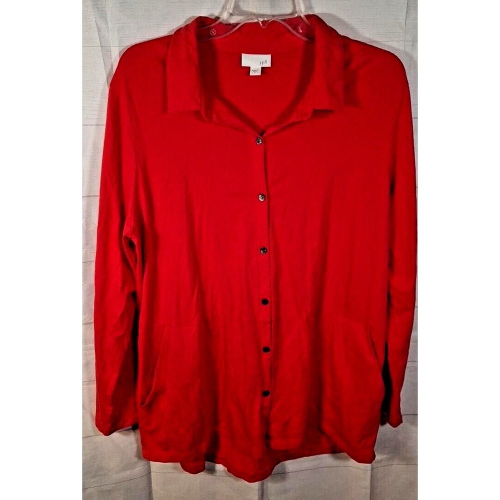 J.Jill Shirt Top Women Size L Red Collared Button‎ Up With Pockets